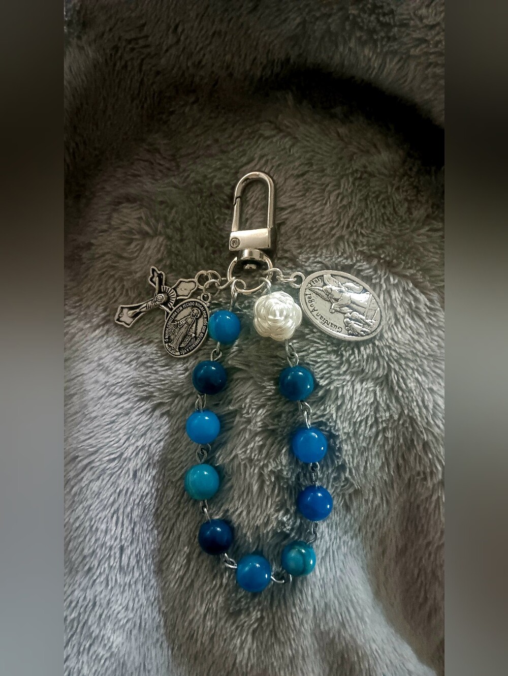 Blue Beaded Rosary Keychain with Religious Charms
